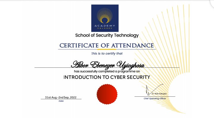 Ebenezer_A_U's tweet photo. Cyber security intro completed and. Certified π...
Thanks @halogenNG @AcademyHalogen
#halogencybertraining
#cyberfmyshalogen https://t.co/NAT1JBVuJD
