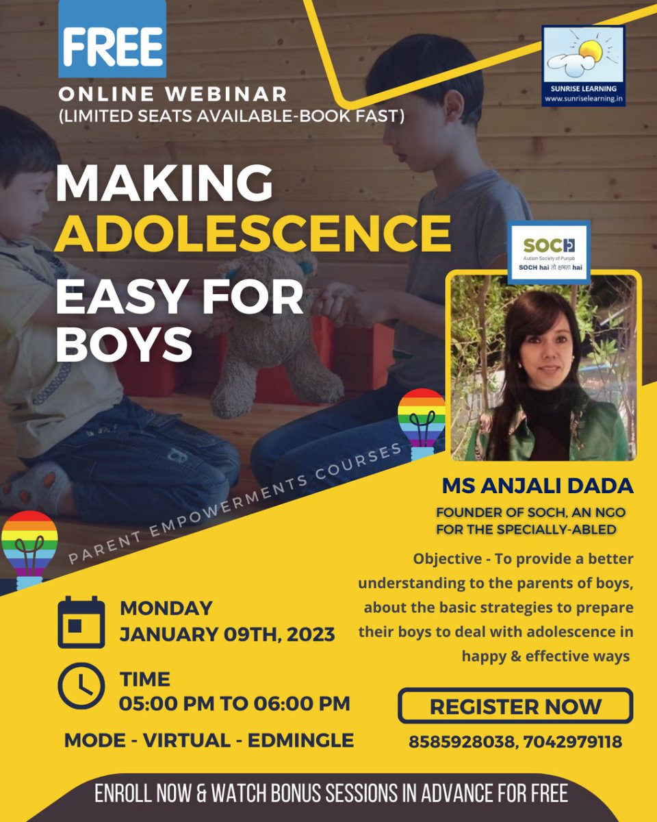 Dear parents of adolescents! 
SUNRISE LEARNING is conducting yet another round of training for parents of adolescents!
 ABSOLUTELY FREE! 

*MAKING ADOLESCENCE EASY FOR BOYS* 
9th January 2023
5 to 6 pm 
On Edmingle 👉sunriselearning.edmingle.com/course/MakingA…