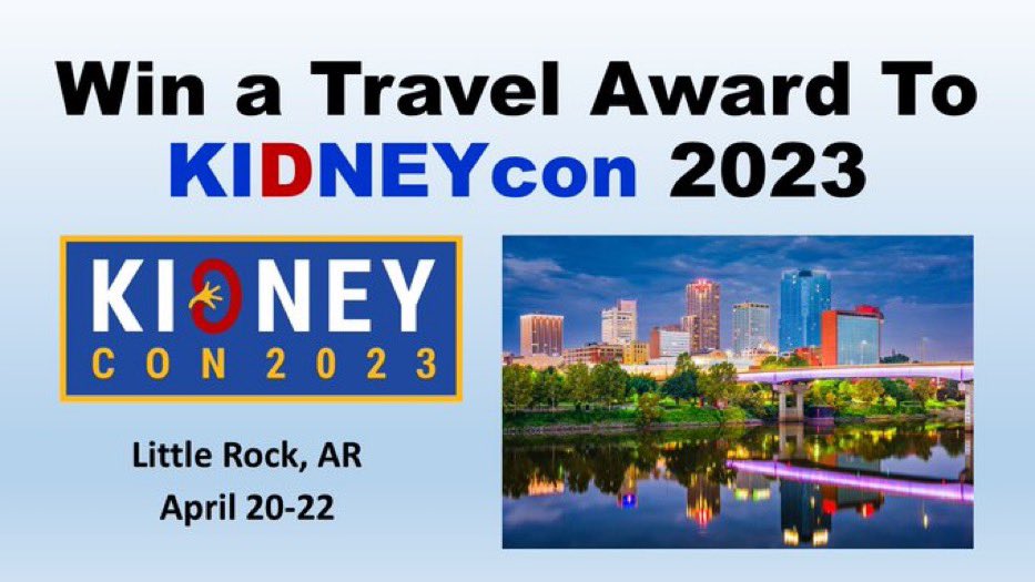 20 #KIDNEYcon Trainee Travel Awards Available! 

Applications due February 1st
Visit kidneycon.org/registration for details