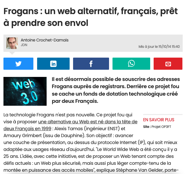 MackenzieT's tweet photo. @TehHarry Depuis bientôt 1/4 siècle (projet lancé en 1999) on voit passer une ou deux fois par an des messages sur le lancement grand public "imminent" du projet #Frogans - dans les mois, semaines, jours à venir. Qui parie qu'il se passera réellement quoi que ce soit en 2023? 🤭 https://t.co/YF5L6CqjYs