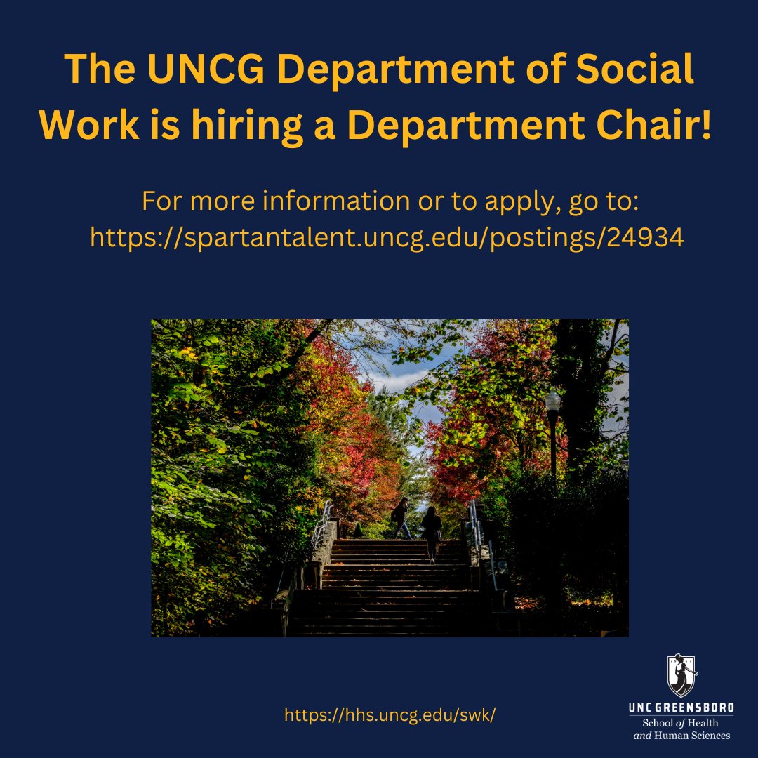 uncghhs's tweet photo. Are you highly experienced in the field of #SocialWork? We're hiring someone to lead @uncgswk. The Chair will provide strategic and visionary leadership to advance the teaching, research, and service/outreach missions of the Department and School. https://t.co/6KTX905SaZ #hiring https://t.co/Mt9Q5VY33r