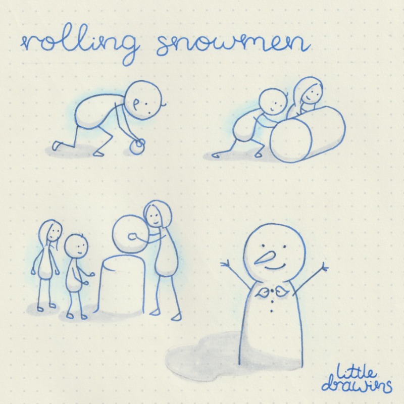 Little_draWins's tweet photo. Do you want to build a snowman? Read on! 
This holiday we were lucky enough to have a white Christmas. TV&amp; stories tell us that the first step is to roll a giant ball of snow, before pushing snow around the base to fix in place as the snowman’s body but here's a better plan...