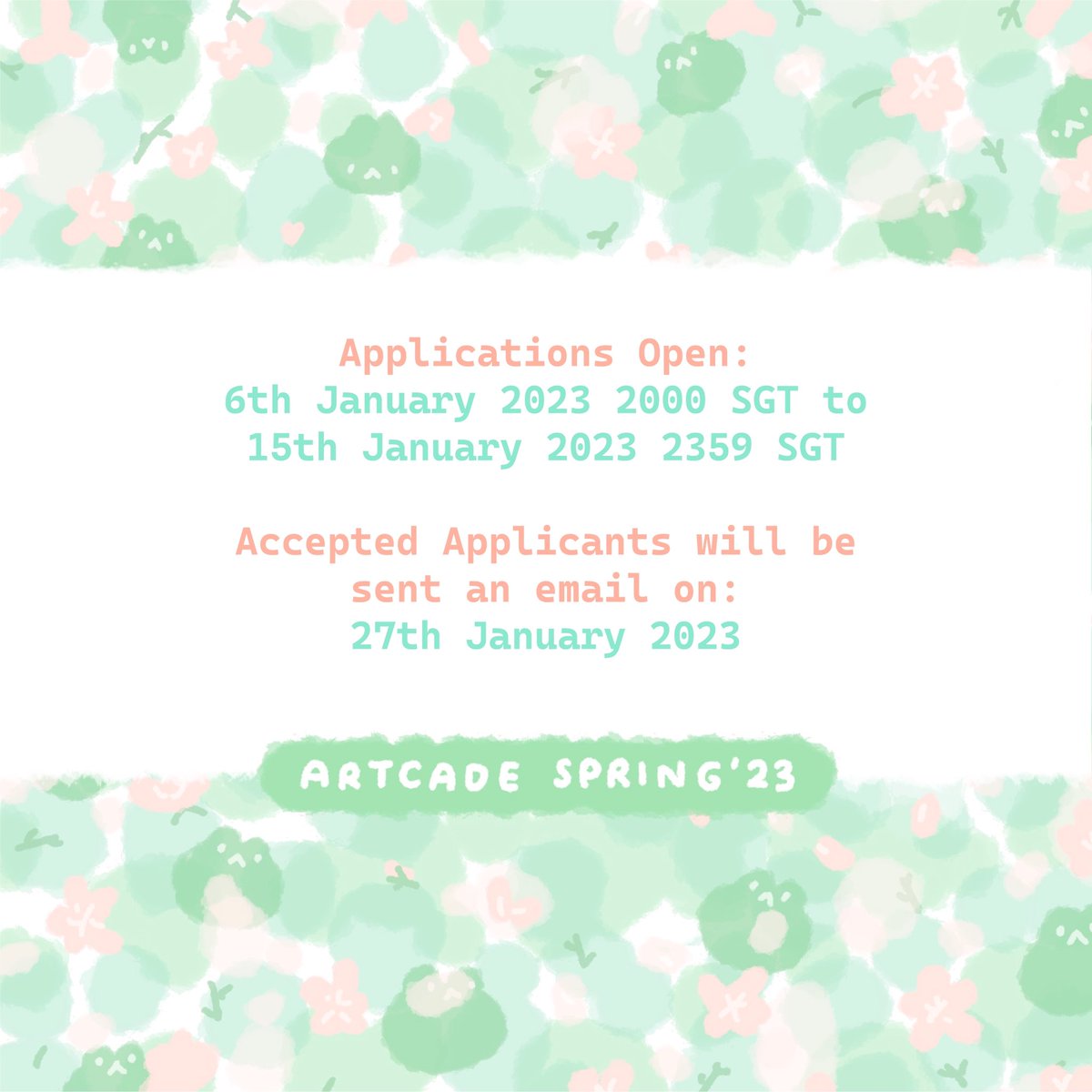 ARTCADE APRIL'23 Applications are out💫

Check out the links in our carrd to access them and a kind reminder that our applications are not on a first come first serve basis and will close on 15 Jan 11.59PM GMT+8 💫

All the best and thank you for your continued support🌸