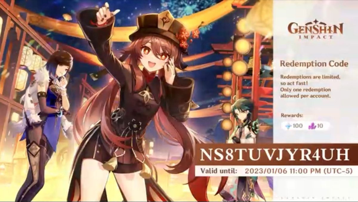 GenshinUpdate's tweet photo. 1st code: NS8TUVJYR4UH https://t.co/K4zyvFA0fI