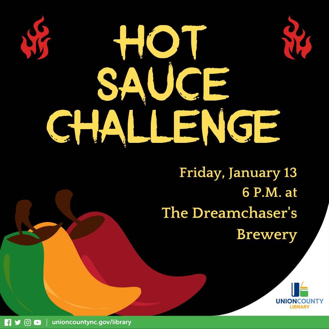 UCPLNC's tweet photo. Can your trivia knowledge keep you out of the heat? Learn all about hot sauce through a taste test with a trivia twist. Friday, January 13 at 6 P.M. at Dreamchasers Brewery in Waxhaw. #uclnc #dreamchasersbrewery #hotsaucechallenge #UnionCounty #libraries #adultprogramming https://t.co/kJLcD4xAZs
