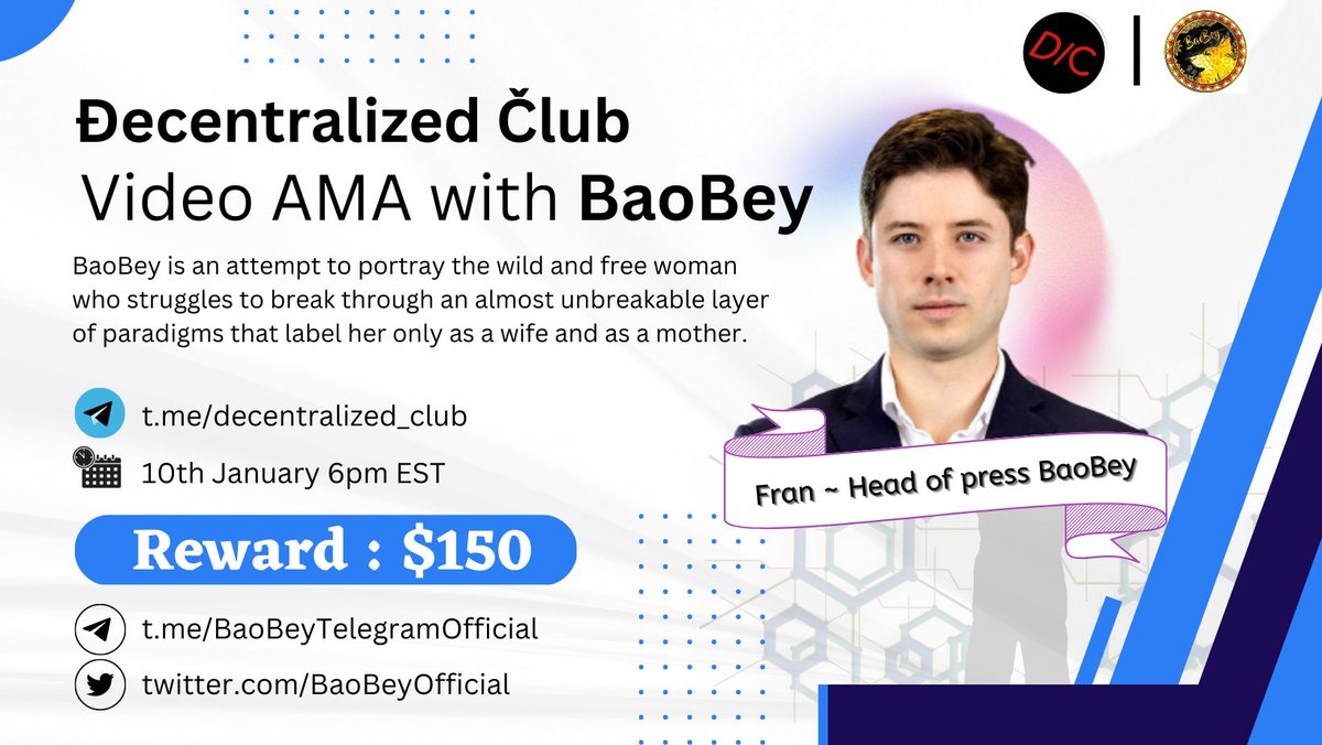 dens_club's tweet photo. DC Presenting a Video #AMA🎉

📌 Venue : https://t.co/5b2oGGVSfT
⏰ When : 10 Jan 6PM EST
🤑 Rewards : $150

10 winners will get $15 each
Telegram(5) &amp; Twitter(5)

1⃣ Follow @BaoBeyOfficial  &amp; @dens_club
2⃣ Like, RT &amp; Tag 3 Friends 
3⃣ Post your question

#Giveaway #Airdrop #AMAs https://t.co/sn0fnOjOOV