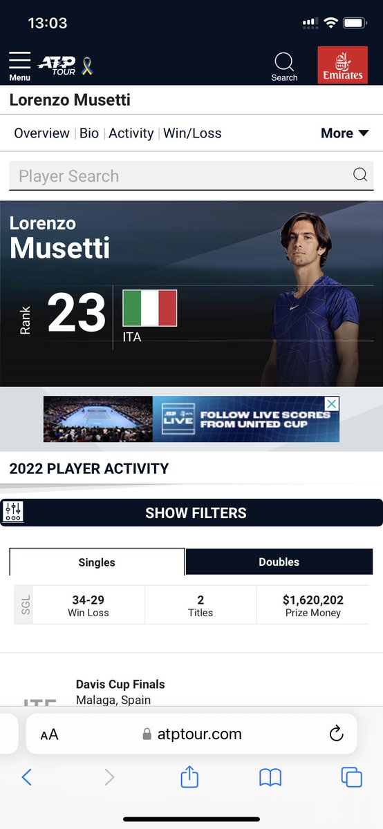 kilkutoja's tweet photo. @sport_tvppl wiadomość do komentatorów meczu Musetti-Sakellaridis: Lorenzo Musetti miał bilans meczów 34:29 w 2022, Bilans o którym mówił jeden z komentatorów był błędny, zalecam źródło z oficjalnej strony ATP https://t.co/n946F7wEhY https://t.co/lGymtm3yC9