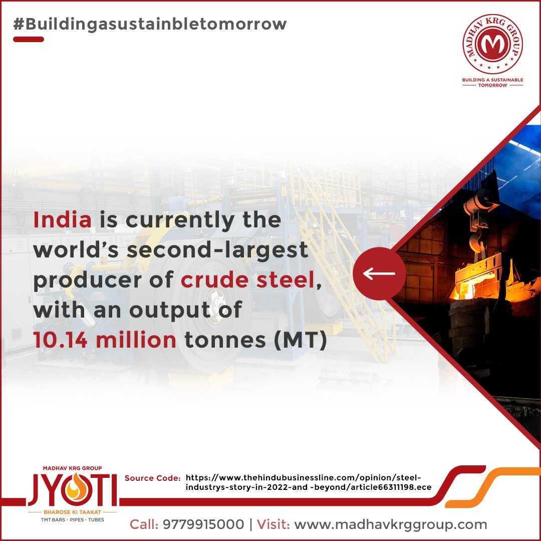 MadhavKRGGroup's tweet photo. Steel Facts!
India is currently the worldโs second-largest producer of crude steel, with an output of 10.14 million tonnes (MT).
Source code- https://t.co/vmCee0Xqp7
#buildingasustainabletomorrow
#environmental #steelfacts #facts #DidYouKnow #didyouknow #DidYouKnowThis https://t.co/FVrwUgsxg9