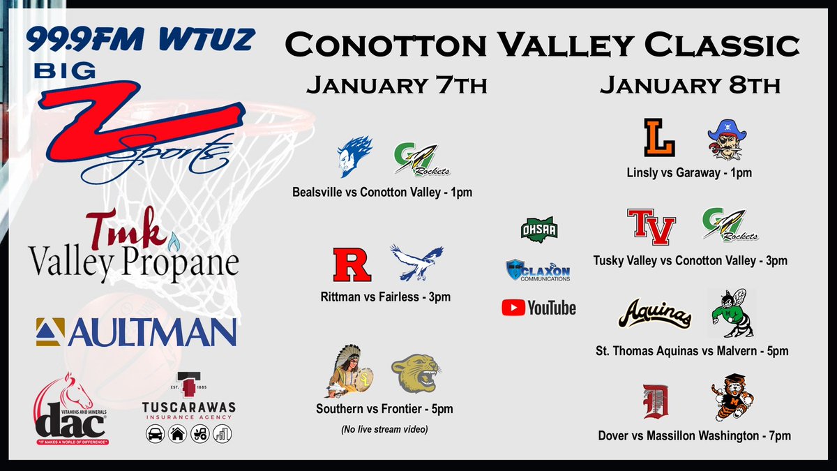 The <a href="/CVRockets/">CV Athletics</a> Classic is this weekend! Watch some 🏀 in the all new Rocket Center! Single Game and Day Passes available. <a href="/ConottonValley/">ConottonValley</a>, @BoysFairless, <a href="/GarawayAthletic/">Garaway Athletics</a>, <a href="/TVTrojans/">TVTrojans.org</a>, <a href="/hornets_malvern/">Malvern Hornets Basketball 🏀 🐝</a>, <a href="/doverbasketball/">Dover Basketball</a> can be seen on the BIG Z Sports YouTube Channel.