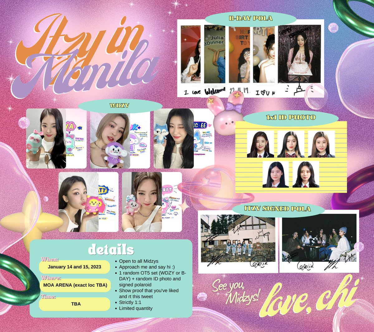 verych1e's tweet photo. #ITZYinMANILA fan project by @ch2cart 🪷

midzys! i’ll be giving away freebies on both days of itzy’s con! check image below for more details on d-day ~

𓏳 like &amp; rt!

chi’s also open for trades and donations! dm me ☻

° 𐐪𐑂 ♡ 𐐪𐑂 °

#ITZY_CHECKMATE_MANILA #ITZY_WORLD_TOUR https://t.co/lbmijt7ZEZ