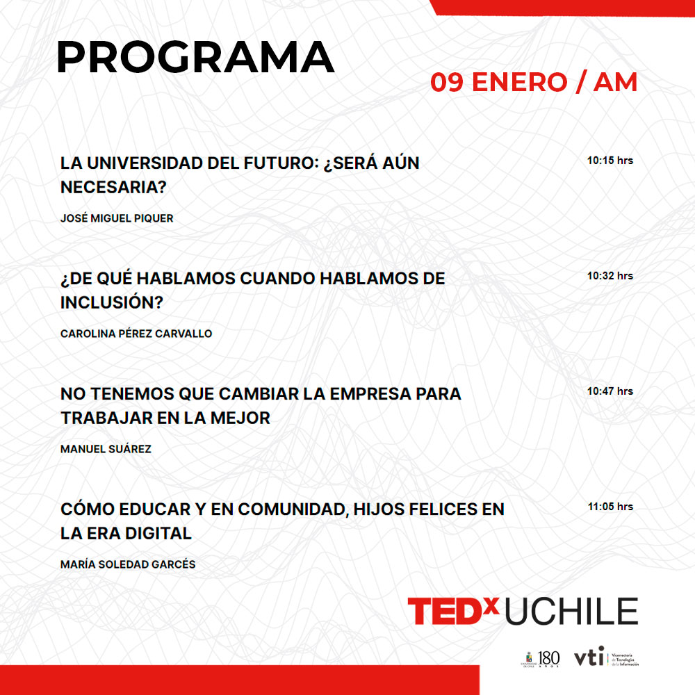tedxuchile's tweet photo. El lunes 9 de enero Charlas TEDxUchile #conexion #educacion #transformacion
Si quieres asistir, inscríbete en 
https://t.co/OJte3AcjDI
CUPOS LIMITADOS
 #tedx #TED #TedTalks
Con el auspicio de 
@fintual https://t.co/1Yp0gA1VYv