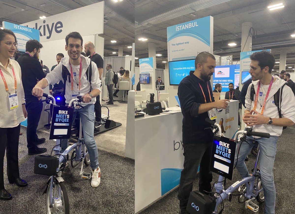 Niji_Digital's tweet photo. [#CES2023byNiji] La start-up #Byqee 🇹🇷 transforme n'importe quel vélo en petite-reine électrique avec l'ajout d'une #batterie sur le guidon et de câbles à relier aux roues. Installation simple, autonomie de 30 Km, à recharger en 3h, le tout pour 400€ ! #CoupdeCoeur #Mobilité https://t.co/p1mDOFJ34E