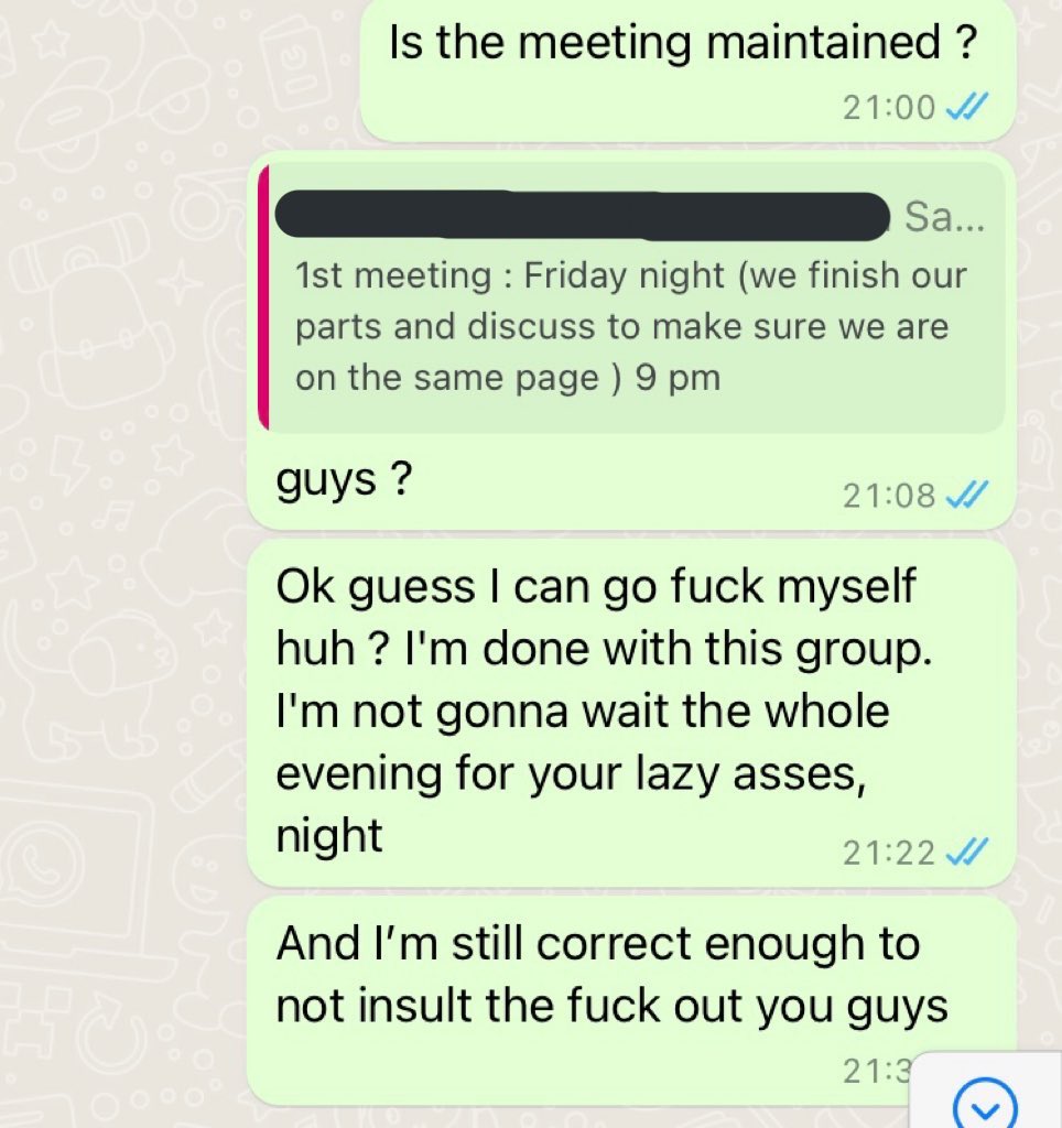 superhenrytran's tweet image. Ça me rappelle la fois où mon groupe avait fixé un rendez-vous à 21h à 2 jours de la prez et qui a eu le CULOT d’oublier 

École de co ou pas, y avait plus de forme qui tienne. Il faut normaliser d’insulter ces gens