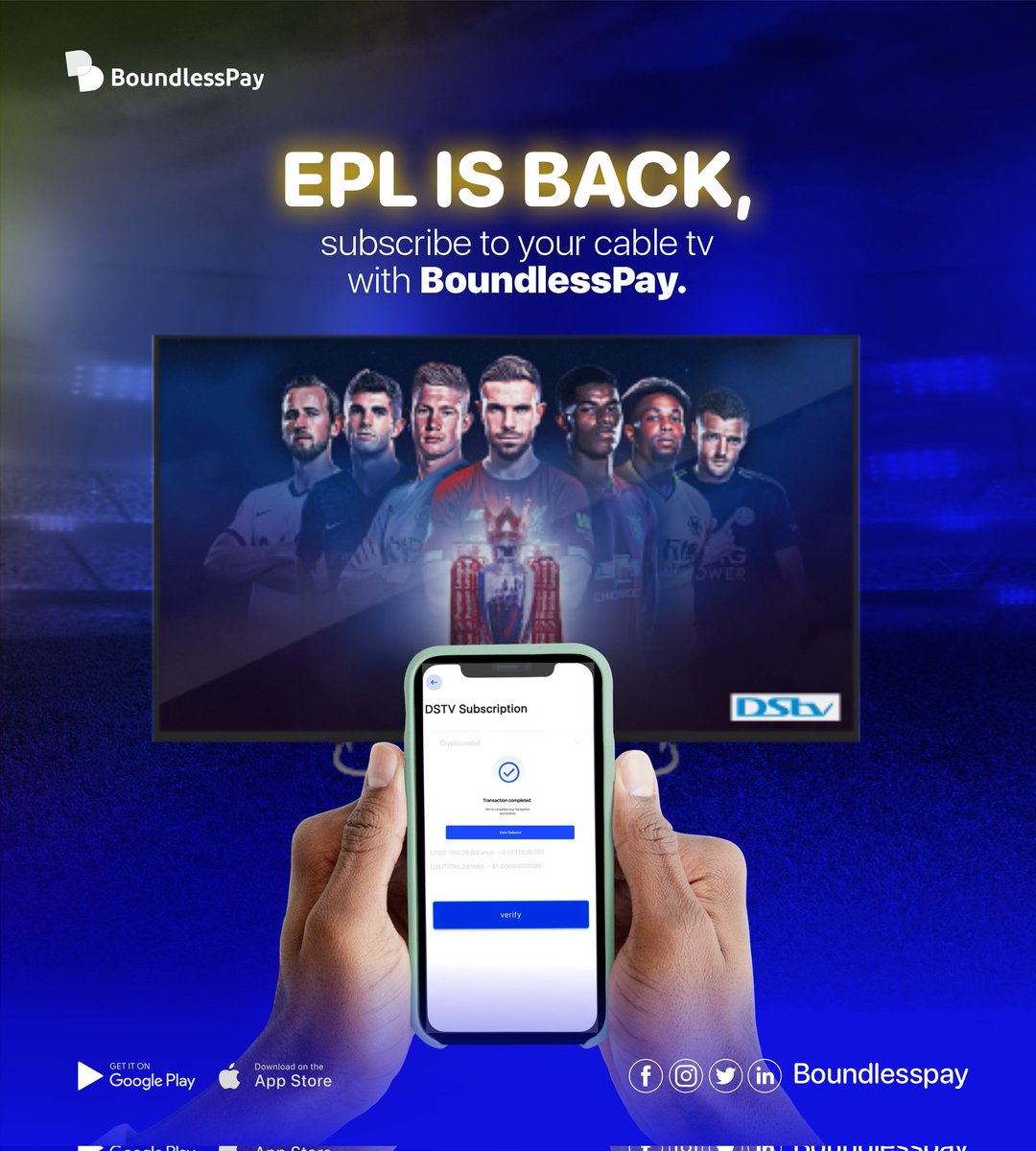 boundlesspay's tweet photo. The English Premier League is back.
Don't miss out this period!
Stay abreast by subscribing your Cable TV with the Boundlesspay app today.
#epl #football #boundlessarmy #boundlessexperience #sports https://t.co/x8g0YyYIlU