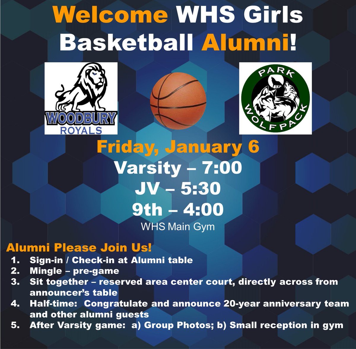 GAME DAY!  WHS Girls Basketball take on Park at home.  Join us for WAA Youth Night and Alumni night!  

V:  7:00
JV:  5:30
9th:  4:00

All games played in WHS Main Gym.  See you there!  Go Royals!  ❤️🏀