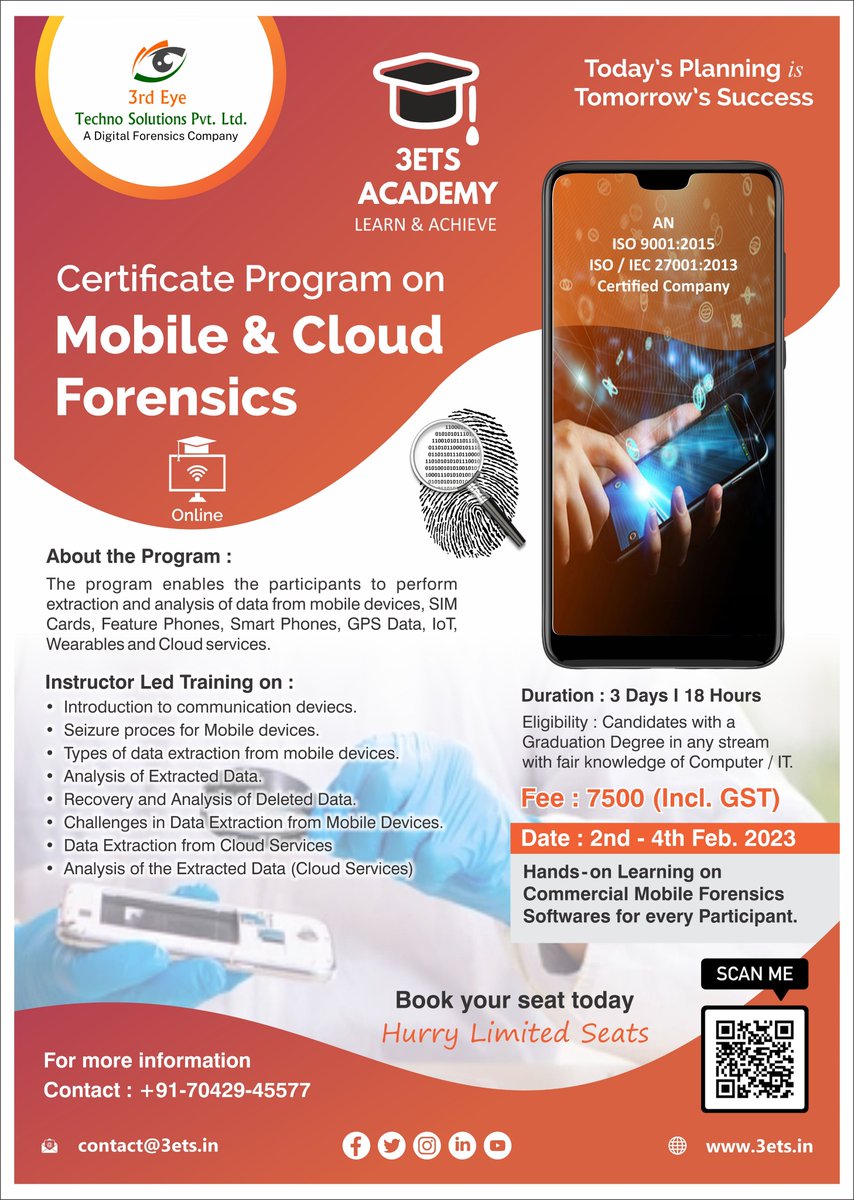 3ets_Forensics's tweet photo. Enroll Now!
Online Certification Program on Mobile &amp; Cloud Forensics.
📅  2nd to 4th (Thu, Fri, Sat) Feb 2023
Why Waiting?
Start Learning and Get Certified.
➡ Register Now:  https://t.co/z4fTWcEMQY 
#mobileforensics #cloudforensics #dfir  #onlinecertification #skillindia #team https://t.co/l3G9qbmFqt