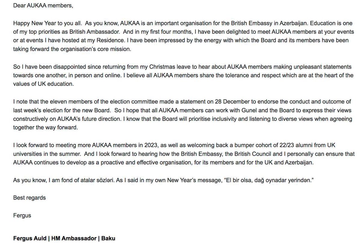 Message from His Majesty's Ambassador - Fergus Auld to all AUKAA members <a href="/ukinazerbaijan/">UK in Azerbaijan</a> <a href="/FergusAuldFCDO/">FergusAuldFCDO</a>
