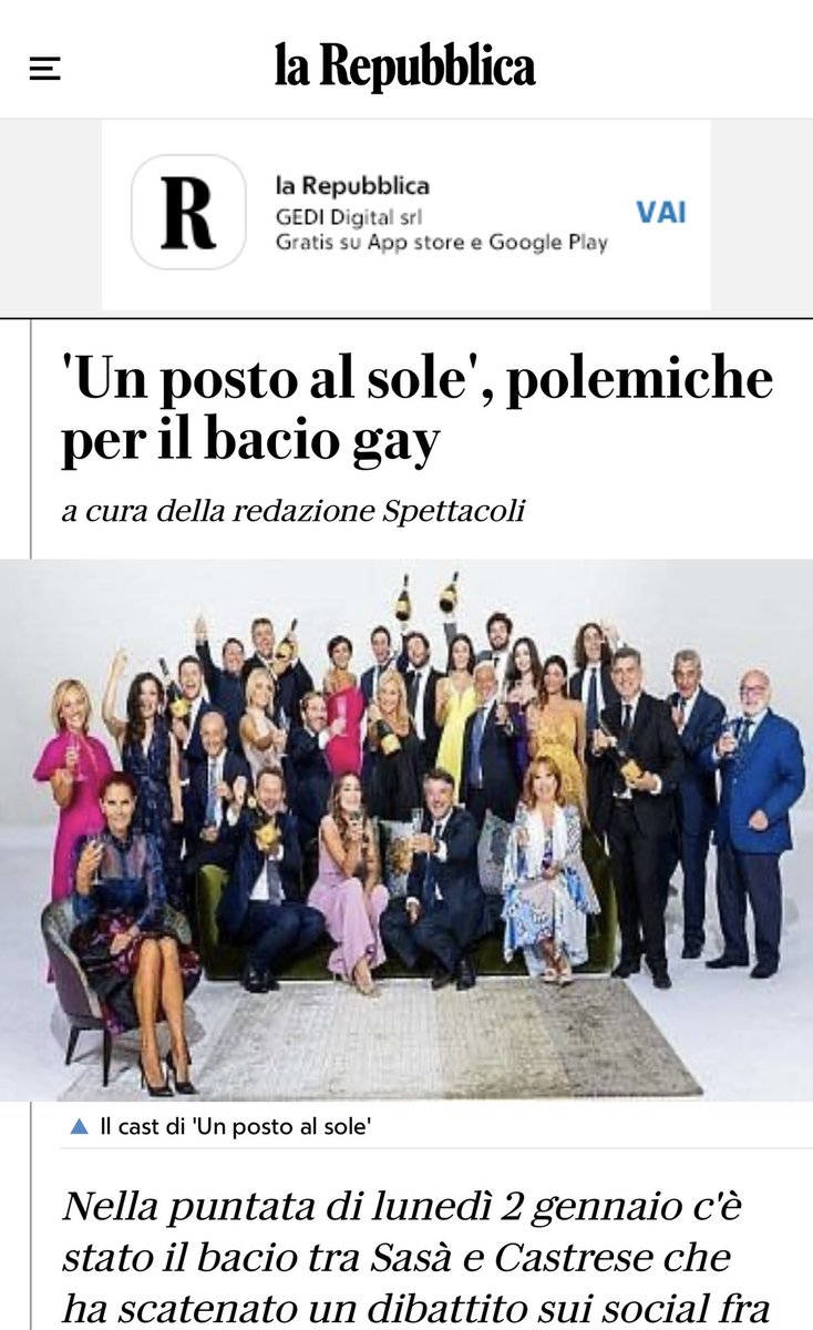 stanzaselvaggia's tweet photo. Una manciata di commenti di 4 gatti sul bacio gay in un Posto al sole sono diventati titoloni sui giornali che parlano di “bufera web”, “polemiche” e così via. Vi do una notizia: sei commenti di dissenso li trovate pure sotto la foto di un tramonto a Tropea. Non sono notizia. https://t.co/5qCF73Ci0t