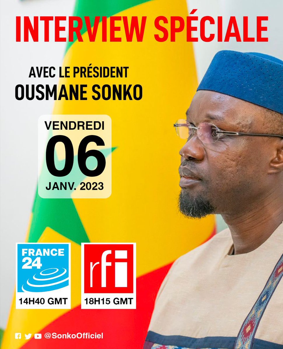 SonkoOfficiel's tweet photo. Chers compatriotes,

Merci de suivre l'interview que nous venons d’accorder au groupe @FRANCE24 - @RFI.

Nous avons échangé entre autres sur la justice, les relations internationales et la situation du Sahel. https://t.co/I3LrLnCTQi