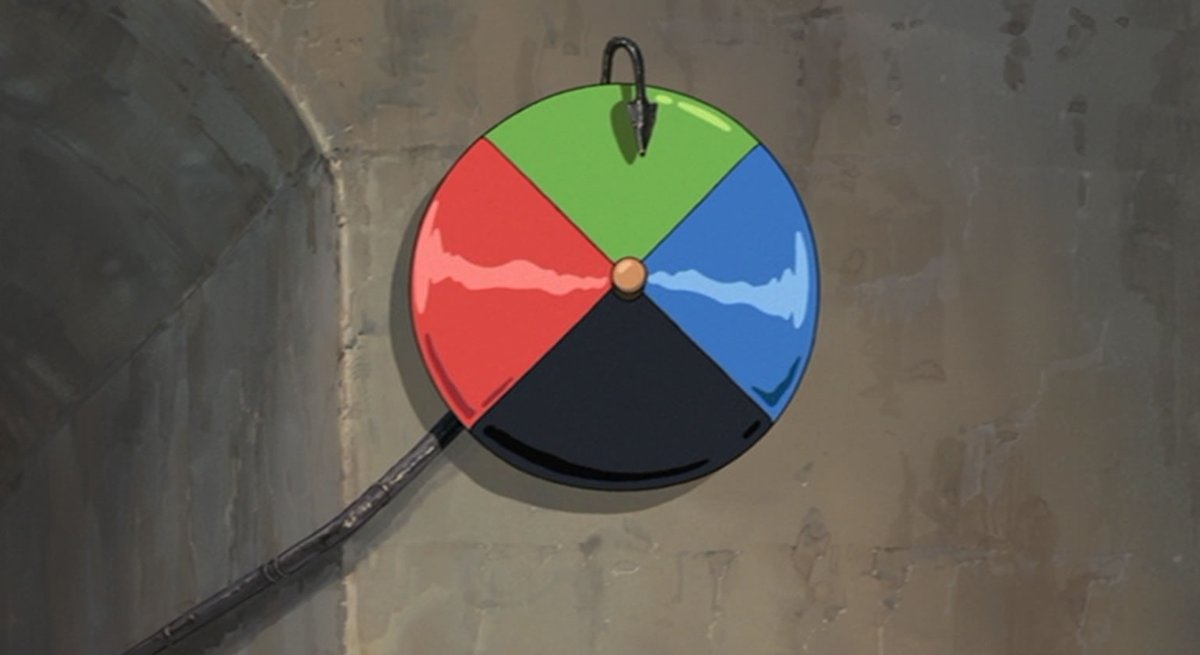 この扉に着いた4色円盤は、回転するごとに別の場所に移動する仕組みに