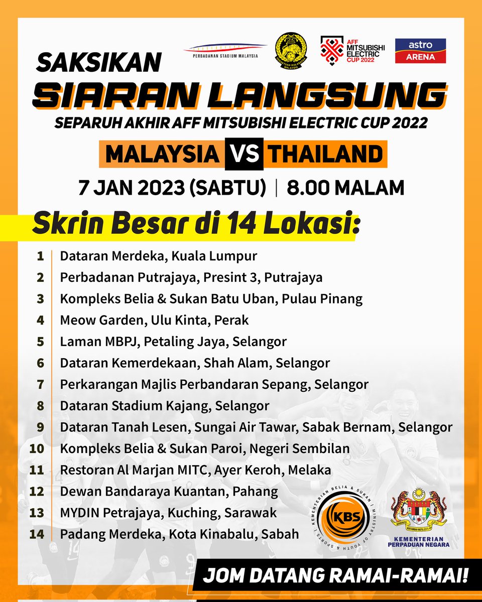 hannahyeoh's tweet photo. Hi semua, @KBSMalaysia @PerpaduanNegara akan menyediakan Skrin Besar di 14 lokasi bagi memastikan rakyat boleh menikmati aksi Malaysia melawan Thailand. Semoga sokongan padu ini akan membawa Harimau Malaya ke peringkat akhir. Tolong RT! @StadiumMalaysia @FAM_Malaysia @ASTROARENA https://t.co/ooFxXe0zQ1