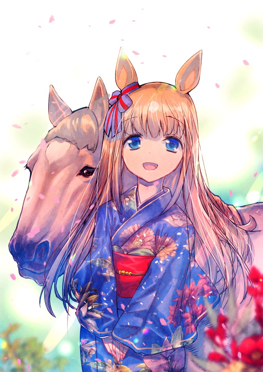 grass wonder (umamusume) 1girl animal ears horse ears japanese clothes kimono long hair blue eyes  illustration images