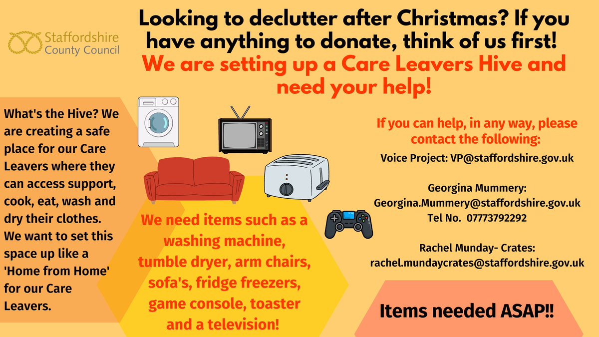 TheVPStaffs's tweet photo. Can you help us? We are currently setting up a 'Care Leavers Hive' within Staffordshire Staffordshire County Council. The Hive is intended to be a safe, warm space for our independent young people to be able to access food &amp; advice or even just company! Check out how you can help https://t.co/BsROu5Msbm