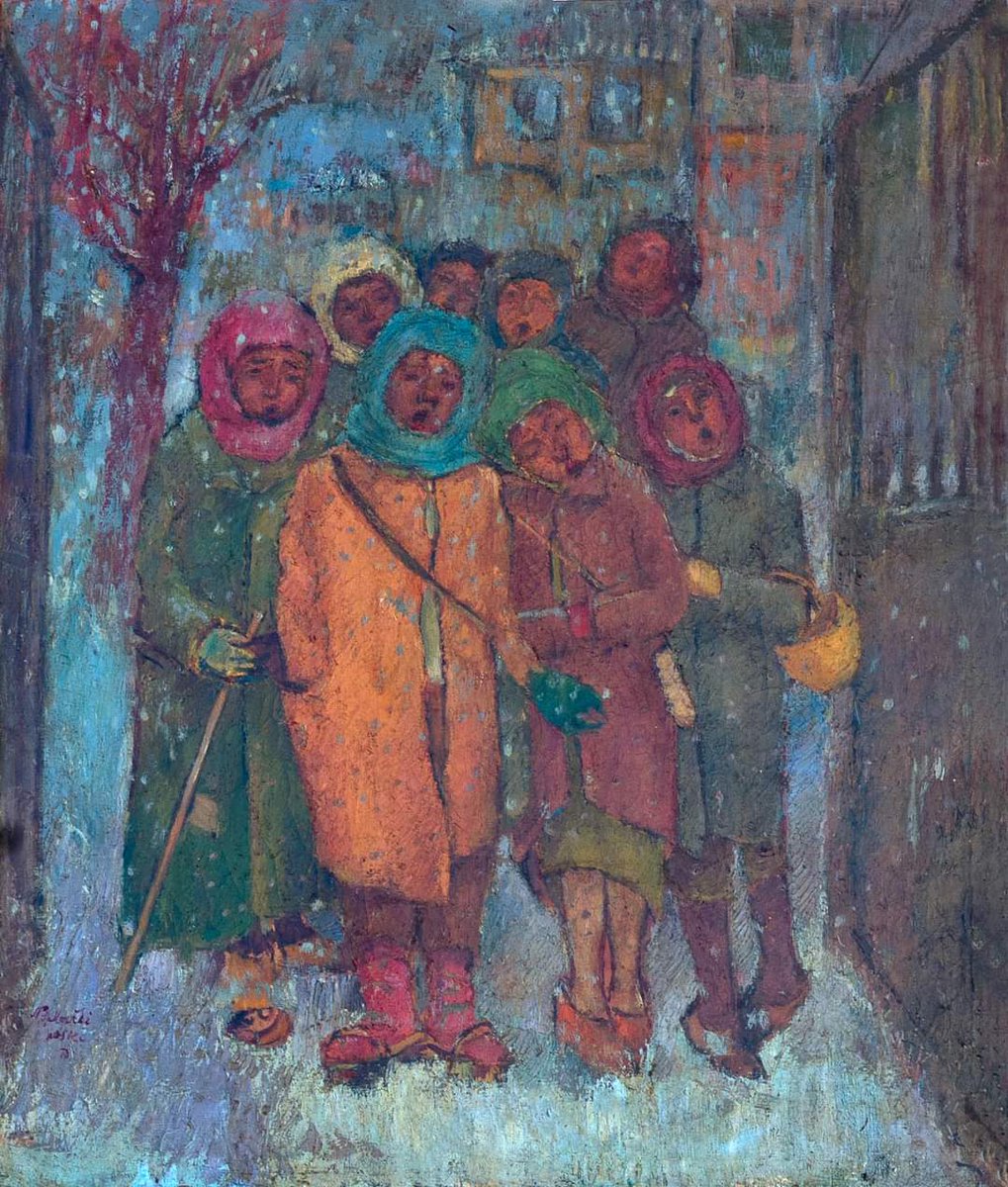 dekorama2's tweet photo. Никола Мартиноски, Коледари, 1951
Сликата е дел од Колекцијата на Националната галерија.   Бадниковото утро започнува рано со песните на децата-коледари, кои се симбол на ангелите, кои со песна го најавуваат Христовото раѓање,и според овој обичај, одат од куќа до куќа, каде се .. https://t.co/r9Um2mxa8u
