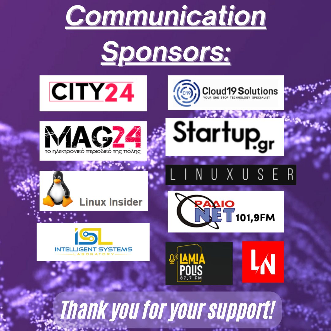 Fosscomm2022's tweet photo. MEET THE SPONSORS

🎉We would like to express our gratitude to all of our Communication Sponsors for its
contribution to this year's FOSSCOMM 2022 Conference, which took place between 18-20
November 2022, at the Department of Computer Science and Biomedical Informatics, https://t.co/1NljZv4hsT