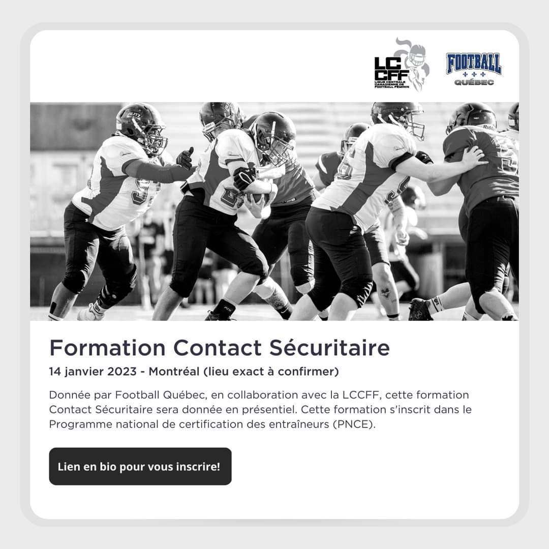 Exclusivité avec <a href="/footballquebec/">Football Québec</a>  - Formation Contact Sécuritaire, 14 janvier 2023 🏈

Cette initiative vise à encourager plus de de femmes à devenir entraîneure et cheminer dans le programme national de certification de football.

Inscription 👇
forms.gle/H719i7kZzMjBoi…