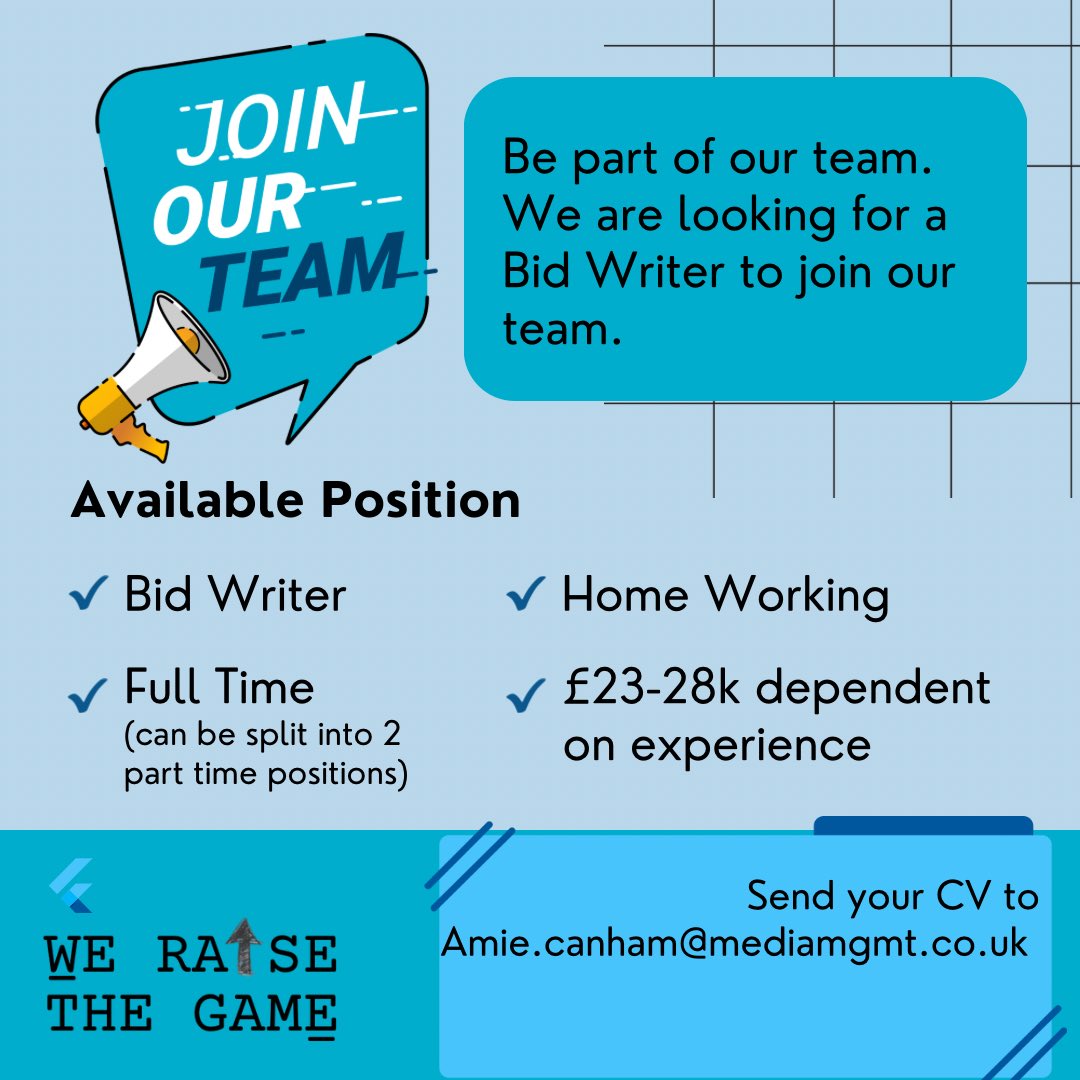 WeRaiseTheGame's tweet image. We have an exciting position available to join 'We Raise The Game' as a Bid Writer. 

The role is full time (but can be split into 2 part time roles), and home based. 

Email your CV to amie.canham@mediamgmt.co.uk

#weraisethegame #bidwriter #funding #job #vacancy #opportunity