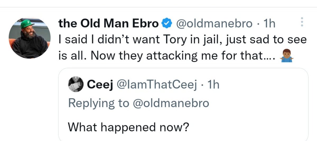 Fargo_Argentino's tweet photo. Well at least #OldManEbro now seeing the bullshiiittt..He has always spoke out against Tory since the whole ordeal + took him off Apple music playlists....well, better late than never!!!
Good morning, it's #FREETORYLANEZ till its backwards🔥🔥🔥 https://t.co/xgIKYdTDTE