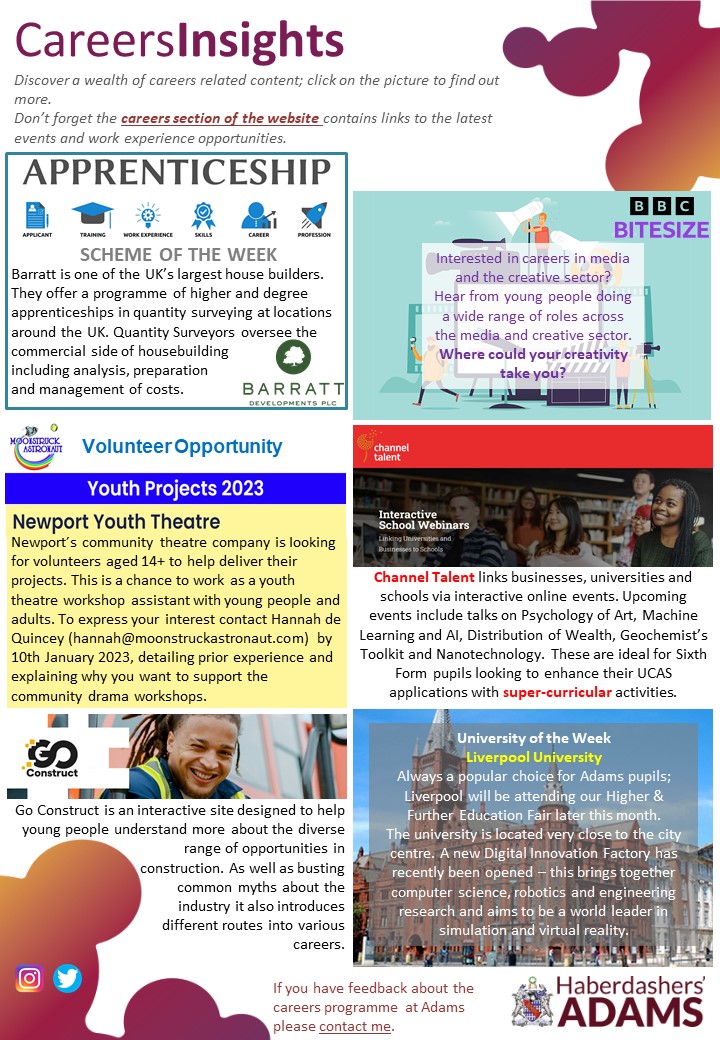 careers_ha's tweet image. Starting 2023 as we mean to go on with lots of opportunities for pupils to explore in this week's Careers Bulletin. Including #apprenticeships @barrattplc, #volunteering with a local theatre group &amp;amp; exciting #supercurricular activities with @channel_talent bit.ly/3GmEhMV