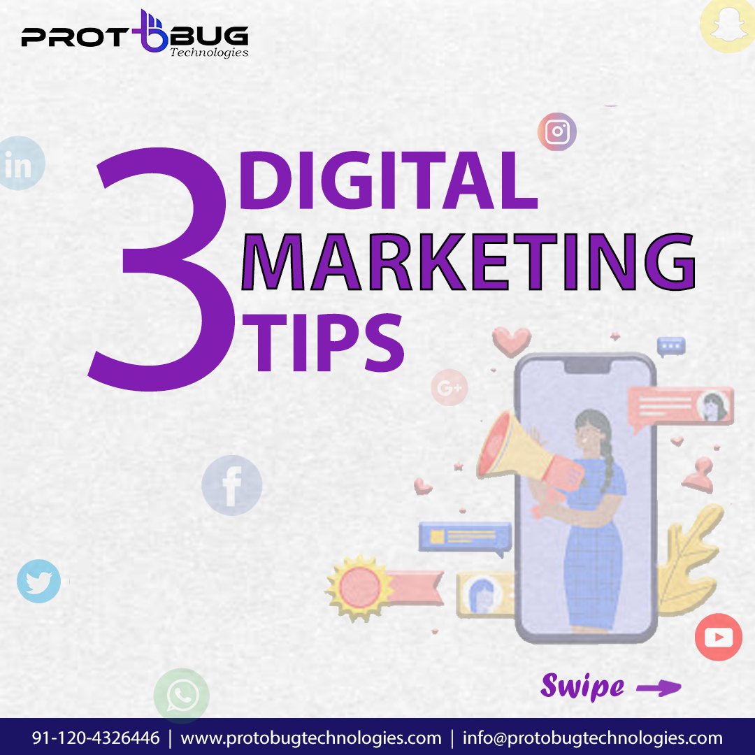 protobugtech's tweet photo. Tips for Digital Marketing 
1. Know your target customer!
2. SEO is important!
3. Evaluate your content!
Visit: https://t.co/Tjwv1xScLb
Call: +91-120-432644
#DigitalMarketing 
#digitalmarketingagencyindia #socialmediamarketing https://t.co/NqQABC2qoe