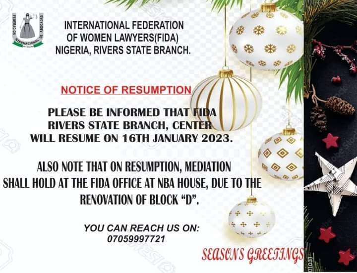 NOTICE OF RESUMPTION FOR THE YEAR 2023 AND NEW LOCATION OF OFFICE.

We wish to seize this opportunity to welcome you to the Year 2023. 
#HappyNewYear2023Wishes <a href="/FIDANigeria/">FIDA Nigeria</a> <a href="/phcityonline/">Port Harcourt City</a> <a href="/NbaphBranch/">NBA PH Branch</a>