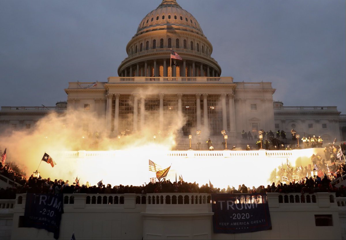 2 yrs ago: Jan 6, 5:04pm, I took this photo of law enforcement using flash bang grenades & tear gas on a violent mob trying to break into the U.S. Capitol. It was hr 4 in my gas mask, helmet & bulletproof vest photographing hand-to-hand combat between police & U.S. citizens. 1/9