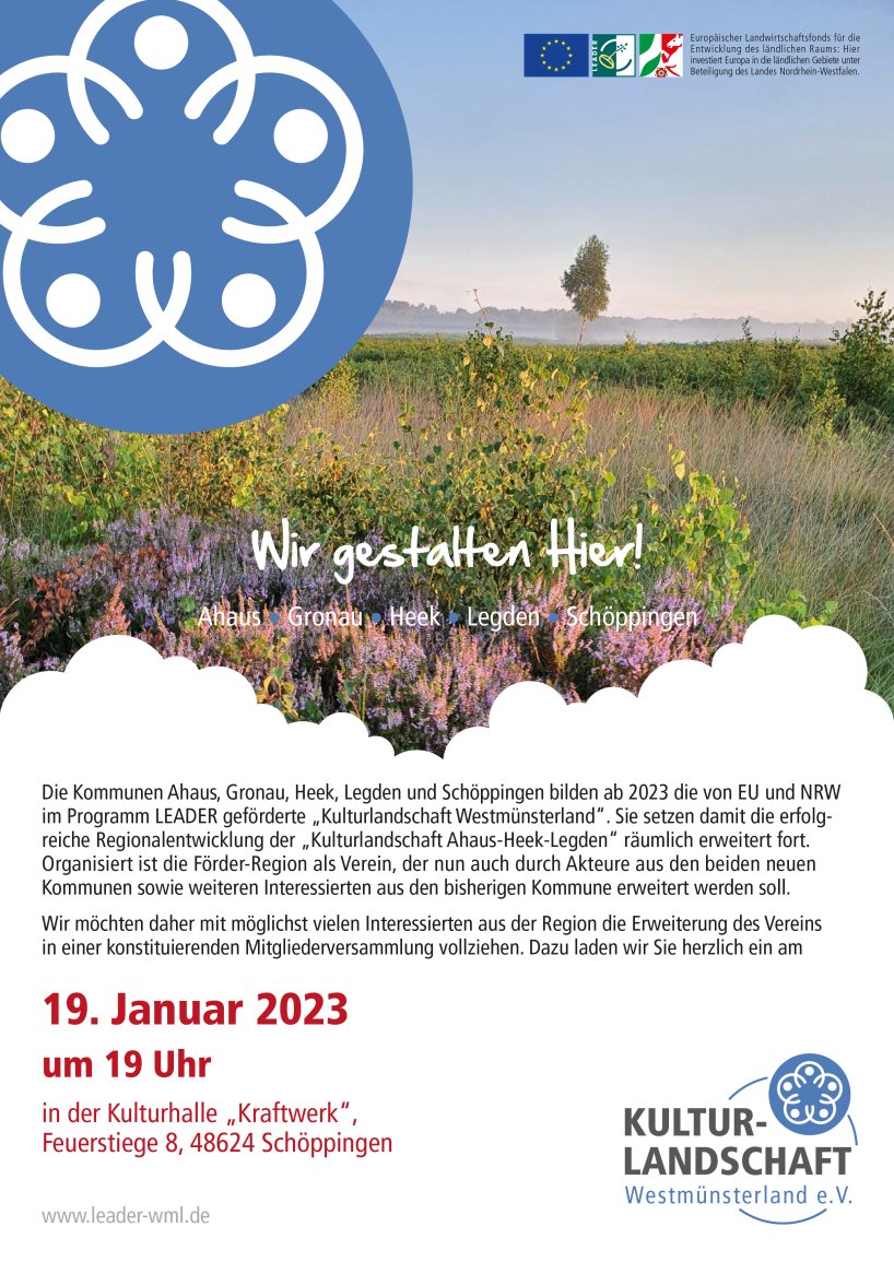 Wir starten in die neue Förderperiode: Die #LEADER-Region Kulturlandschaft #Westmünsterland trifft sich zur 1. Mitgliederversammlung der um #Gronau und #Schöppingen erweiterten Region.

Interessierte BesucherInnen sind ausdrücklich willkommen!

19.01.23, 19 Uhr in Schöppingen!