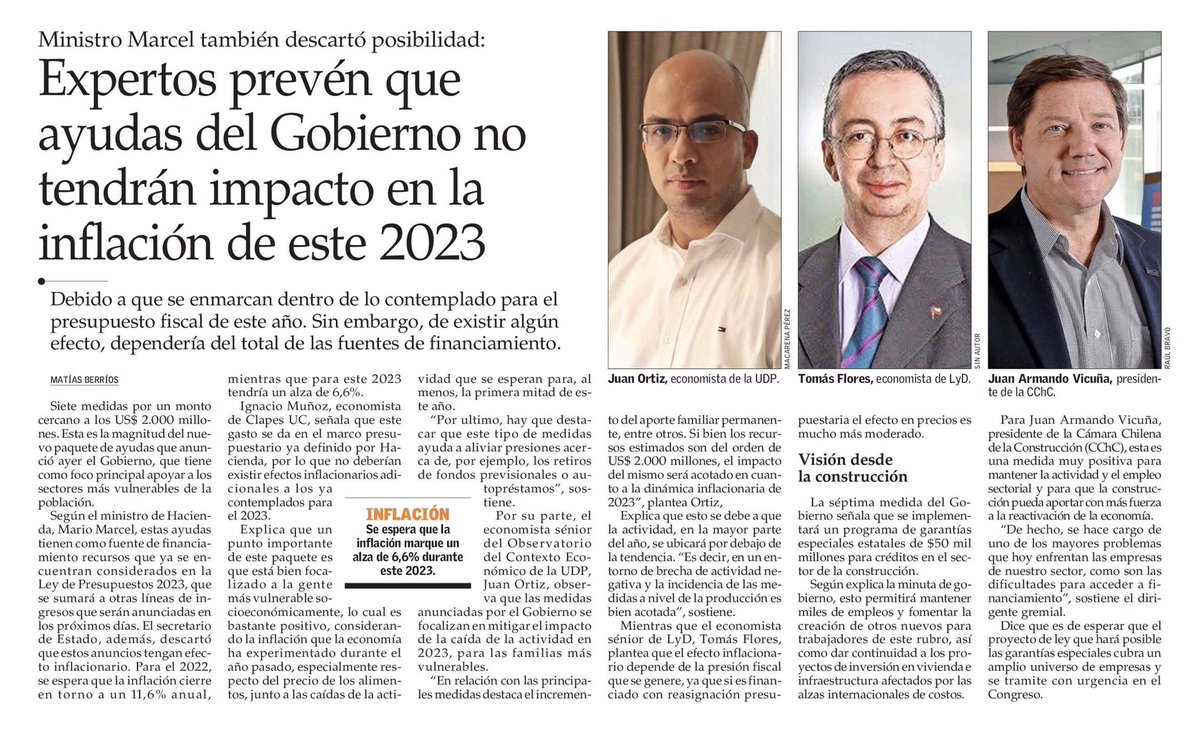 ClapesUC's tweet photo. [NOTA @ElMercurio_cl] Expertos prevén que ayudas del Gobierno no tendrán impacto en la inflación de este 2023. Nuestro investigador Ignacio Muñoz señaló que este gasto se da en el marco presupuestario definido por Hacienda y está enfocado en las personas más vulnerables https://t.co/pjTGP9Ccpj