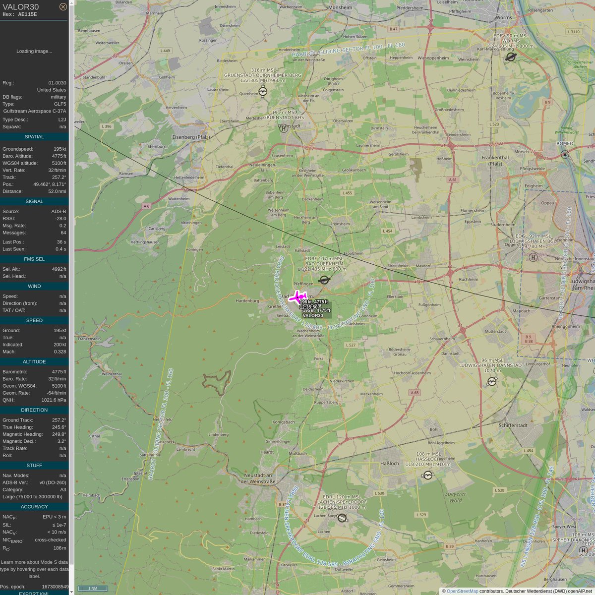 AKoeppern's tweet image. #PlaneAlert ICAO: #AE115E Tail: #011930 Flt: #VALOR30 
Owner: #UnitedStatesAirForce
Aircraft: #Gulfstream C-37A
2023/01/06 13:35:48
#GLF5 #Bizjet #MustBeNice #VIPTransport airforce.com 
globe.adsbexchange.com/?icao=AE115E&amp;amp;s…