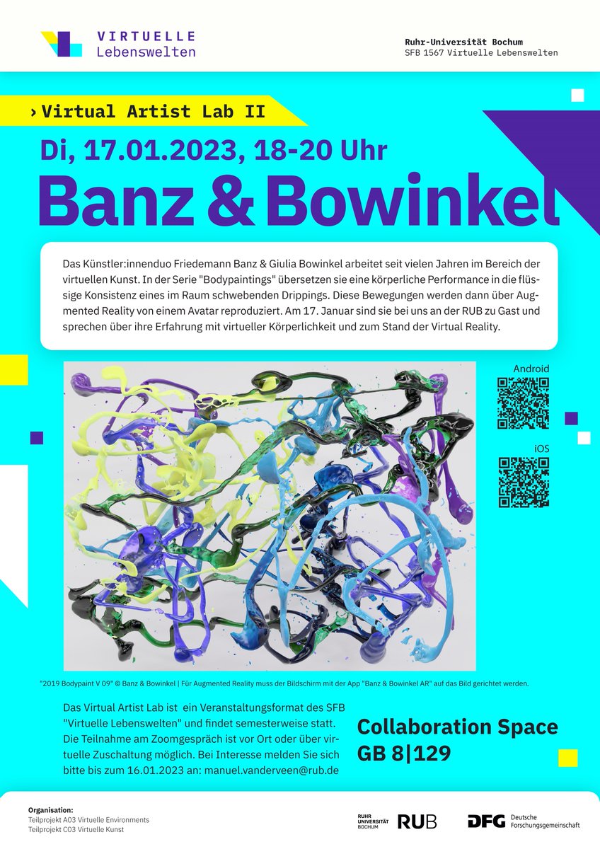 Als Teil des "Virtual Artist Lab" besuchen uns <a href="/BanzBowinkel/">Banz & Bowinkel</a> am 17.1. zu einem Zoom-Talk über virtuelles "Bodypainting". Eine dazugehörige App kann schon im Vorhinein auf dem eigenen Smartphone installiert werden. Alle Hinweise dazu auf dem Poster. Wir freuen uns auf euch!