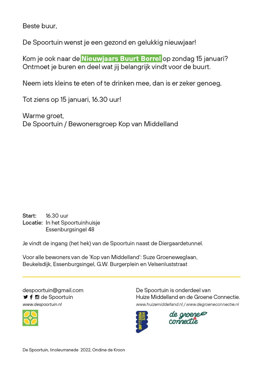 Woon jij in de 'kop van Middelland'? Dan valt deze uitnodiging voor een nieuwjaars buurt borrel straks in je bus. Tot zo. 15 jan, 16.30!
