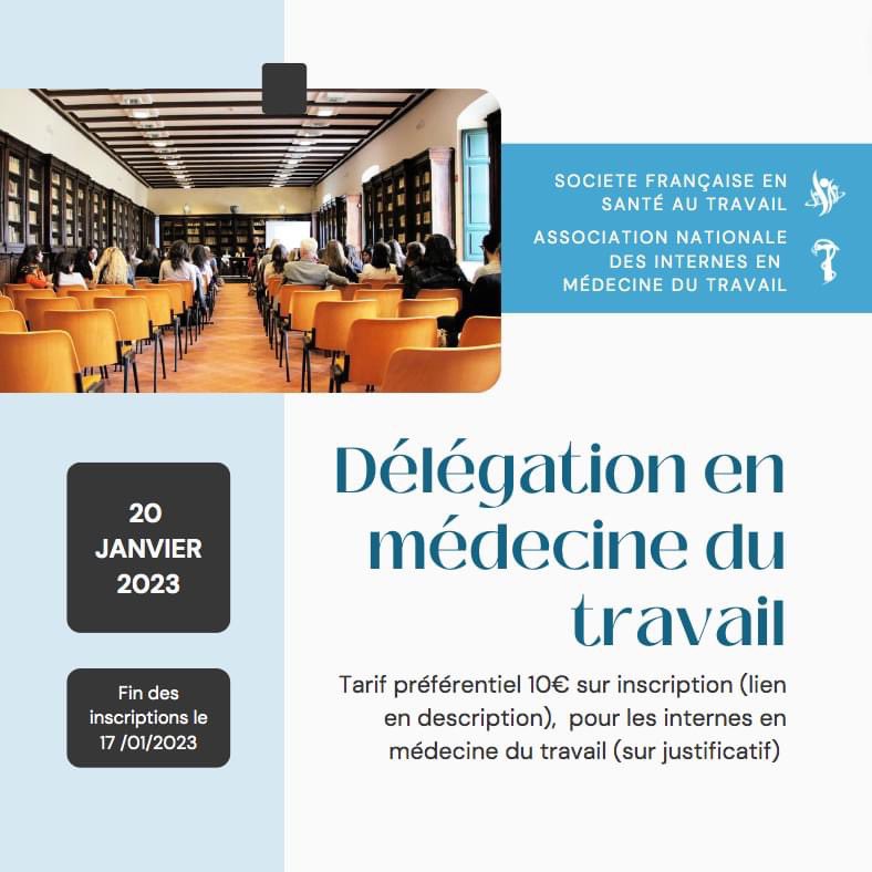 En collaboration avec la SFST, l'ANIMT propose un tarif préférentiel de 10€ aux internes en médecine du travail (sur justificatif) pour participer à la prochaine journée scientifique de la SFST le 20/01/23 (toute la journée, lien Zoom).
sfmt-reunion.fr/journee-scient…