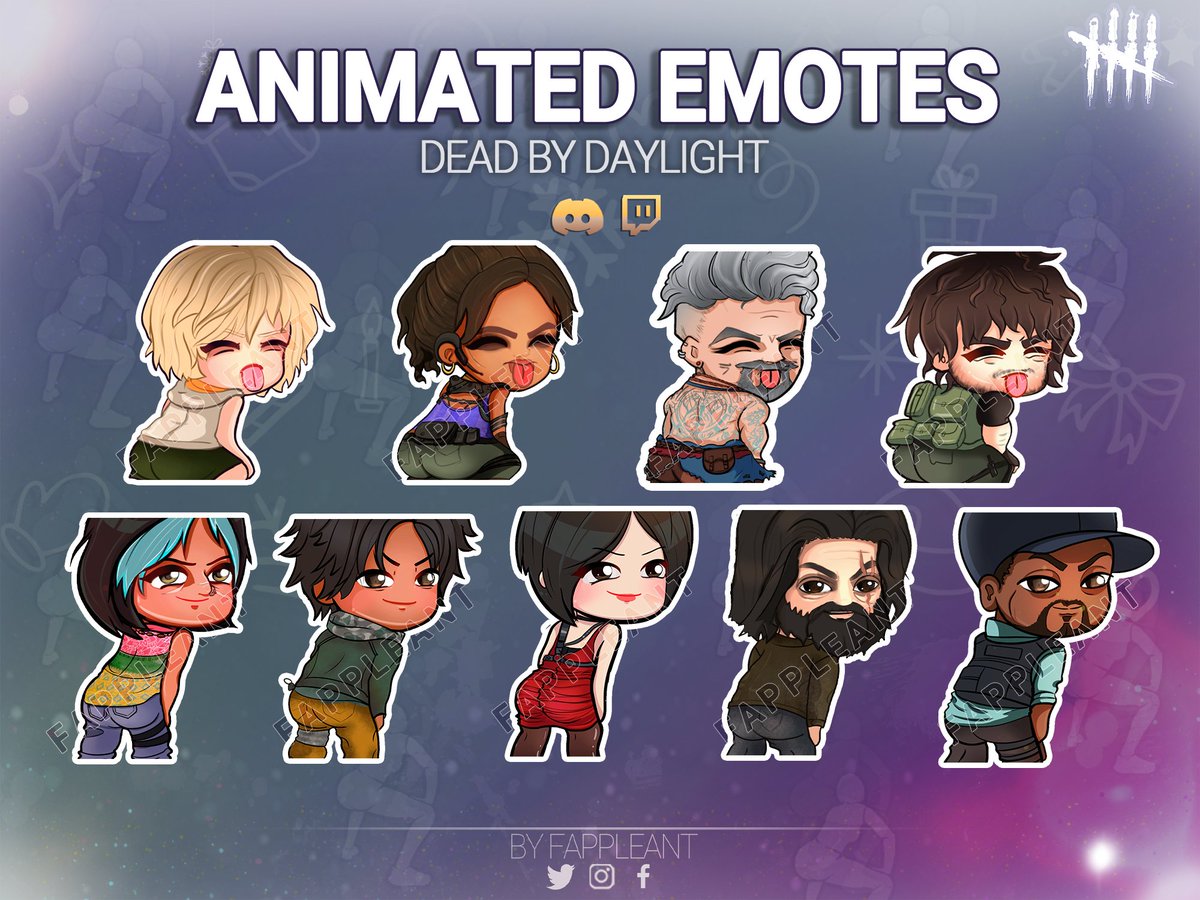 FappleAnt's tweet photo. 1/2 I'd like to share the new animated emotes I've created, they are now available in the boutique! 😊
Link: https://t.co/NQPt5ztxnb

#deadbydaylight #emote #twitch #discord #streaming #vittoriotoscano #davidtapp #cherylmason #jakepark #shevaalomar #jeffjohansen #emoteartist https://t.co/4F2dSVTJNL