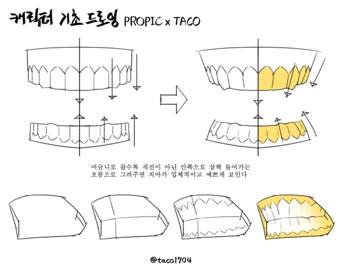 어금니로 갈수록 직선보다 살짝 안으로 기울어지는 흐름으로 만들면 치아가 입체적이고 보인다 (그림체마다 차이는 생긴다) 