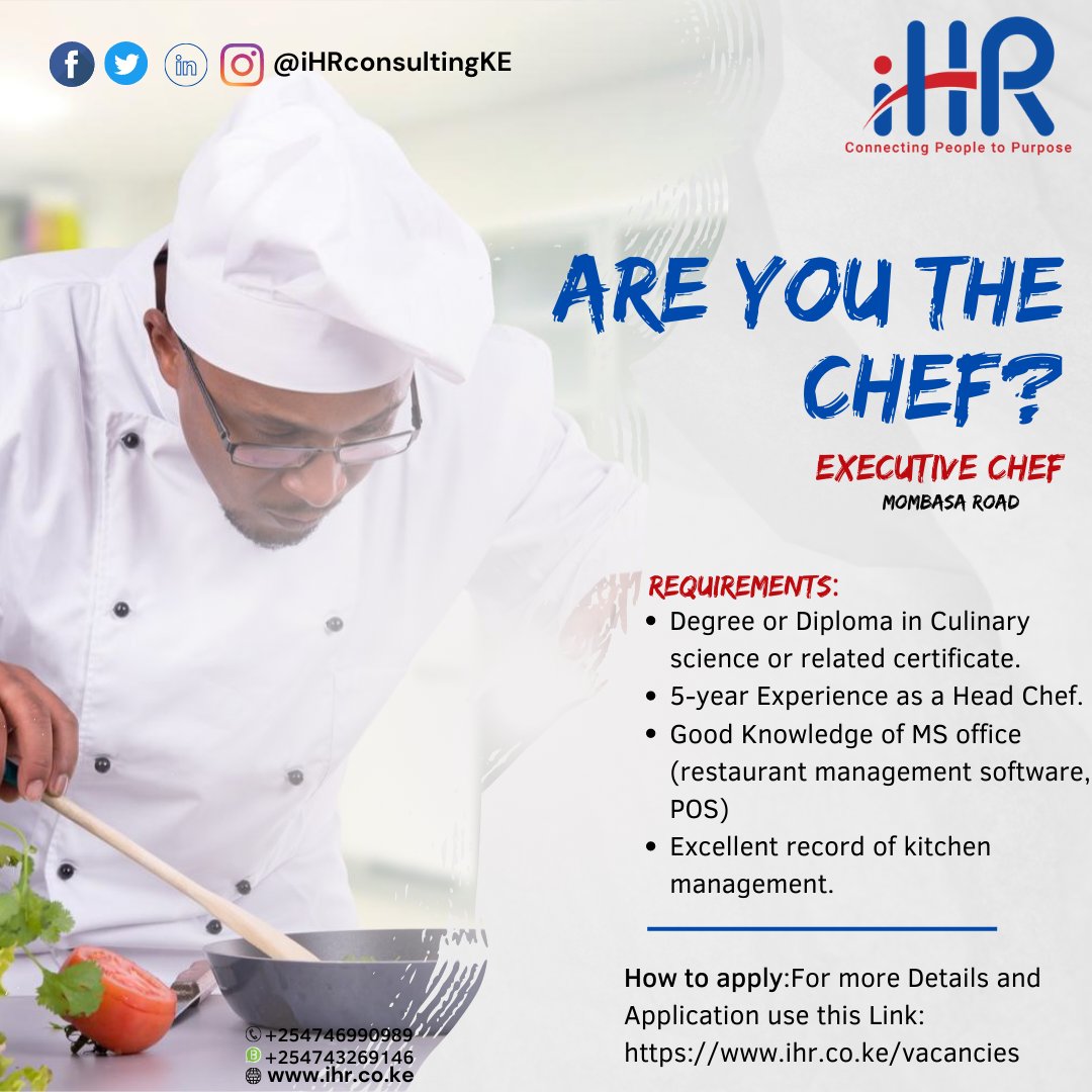 Our client is looking for a creative and proficient in all aspects of food preparation, Executive Chef. You will be “the chief” and maintain complete control of the kitchen. #IkoKaziKE #IkoKazi #ikokazikenya #jobskenya #JobsKE #MombasaRoad #executivechef