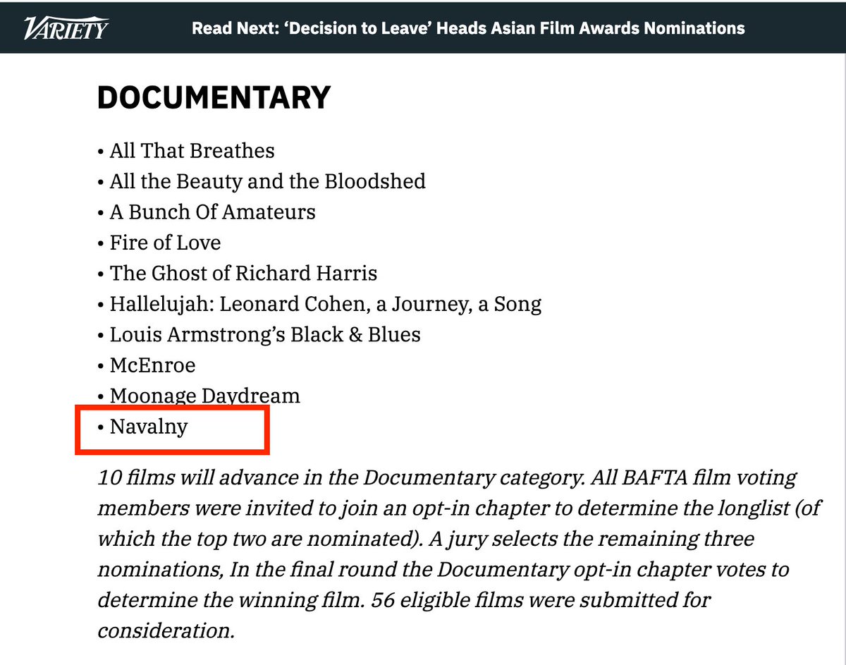pevchikh's tweet photo. !!!! 'Navalny' has just been longlisted (is it a word?) for the 2023 BAFTA Documentary award !!! https://t.co/TRk1VmnTaT