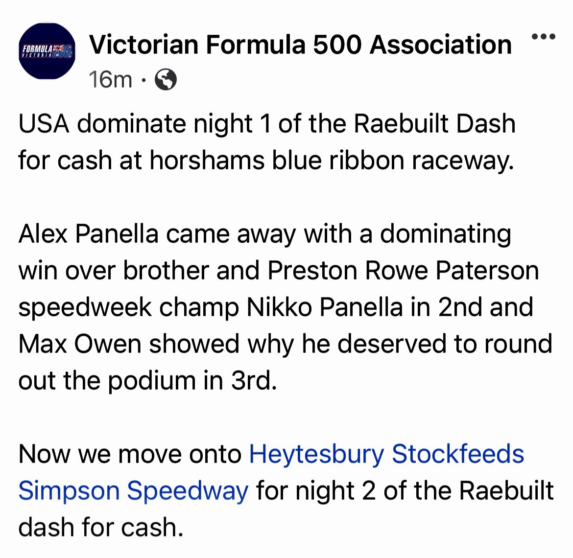 PanellaRacing's tweet photo. The Panella brothers finished 1st &amp; 2nd tonight At Blue Ribbon Raceway in Australia in Round 1 of the Victoria Formula 500 Association Dash for Cash!! Congratulations @alexpanella1212 https://t.co/i8dstdy0zY
