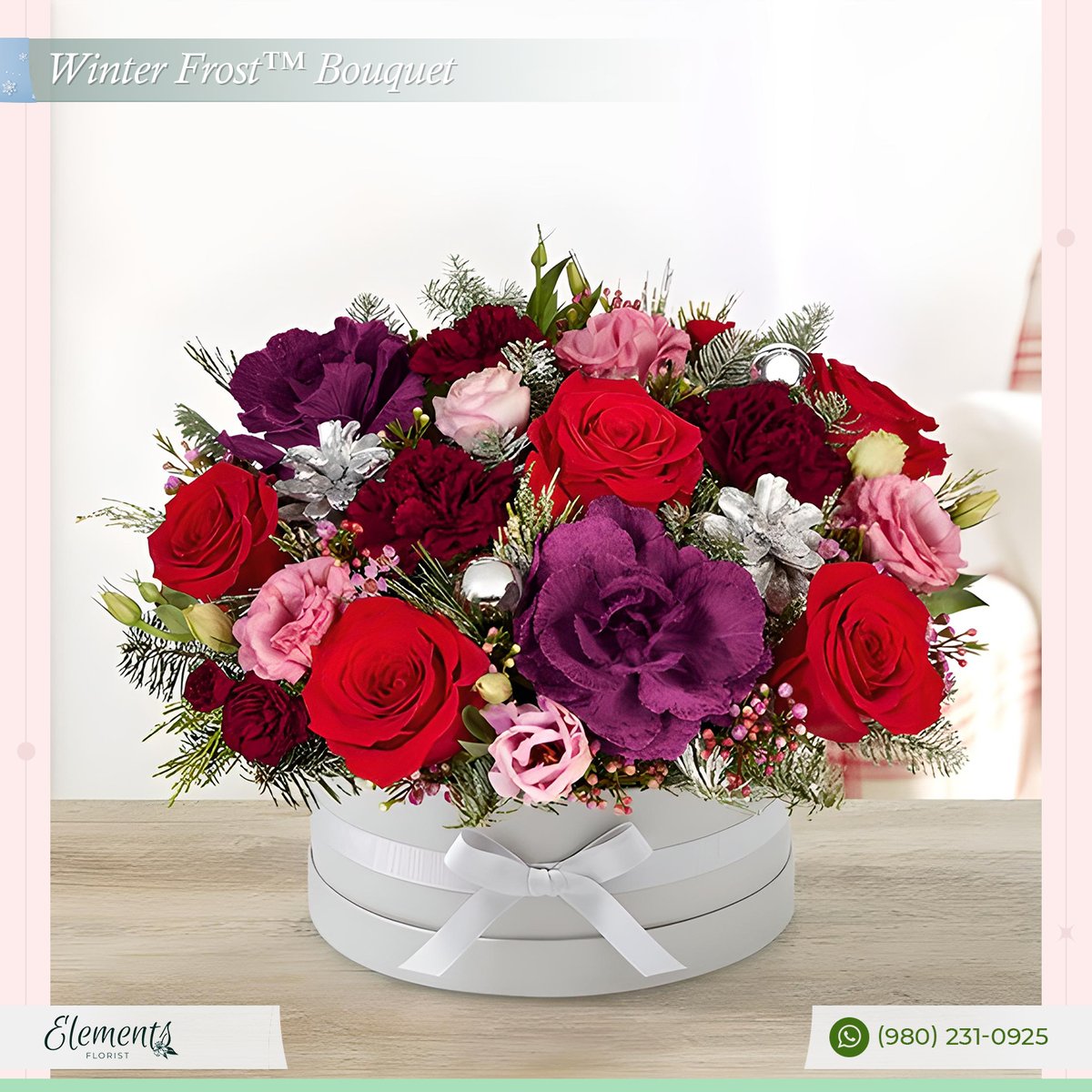 Bring warmth and color to winter with our elegant bouquet. A gathering of blooms in red, purple, pink and burgundy is arranged with lush greenery and silver frosted pinecones.  ❄️
.
#flowerart #flowermagic #justbefloral #floraldesign