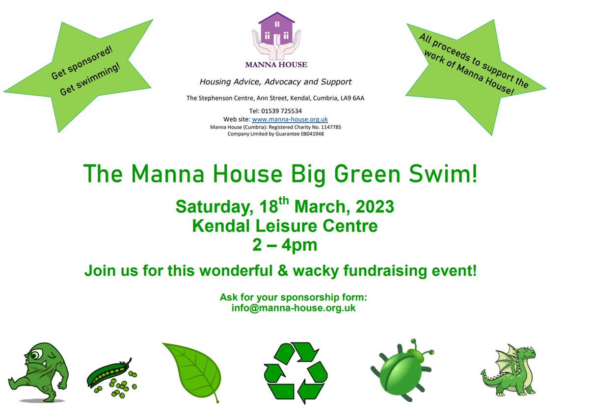 The Manna House Big Swim is back! This year's theme is Green 🐸☘️🍏
For details and how to get involved, please see the poster below 👇