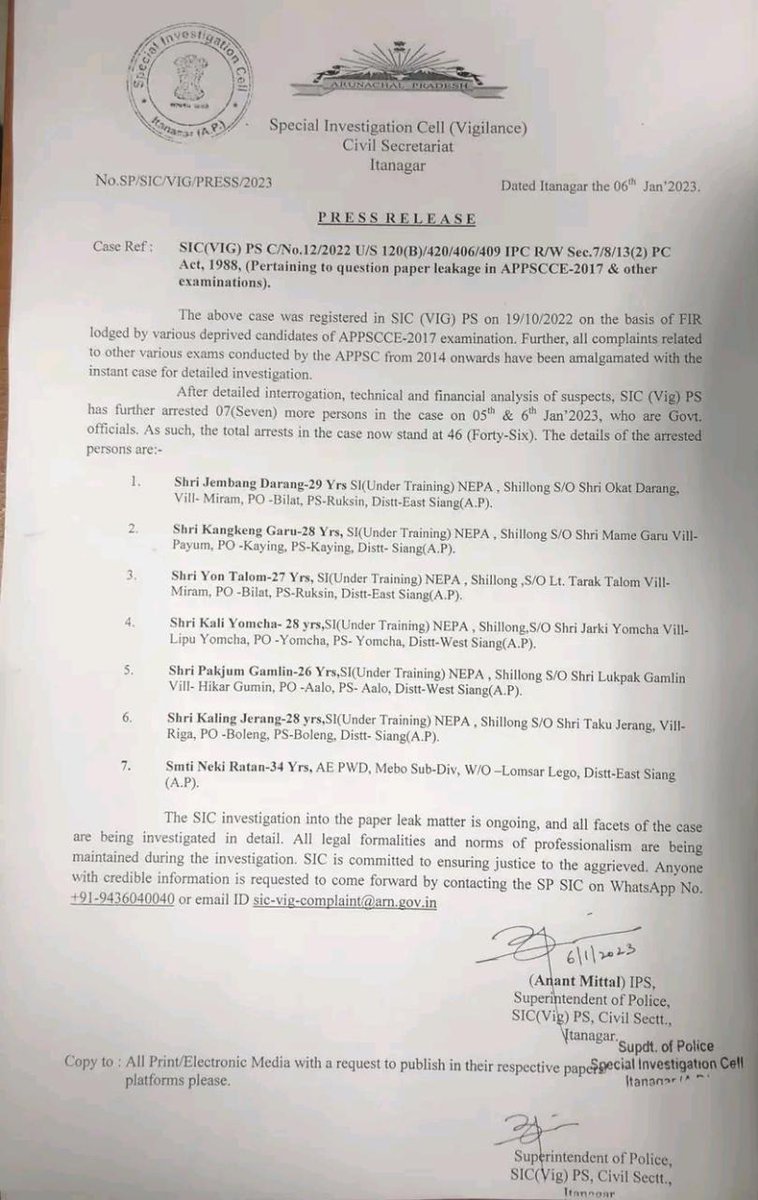 Kamingpaji's tweet photo. All 5 toppers and one under top 10 of recent conducted SI(civil/IRBN) arrested. Needless to say #NULL_AND_VOID the exams that has been rigged.
#APPSC_SCAM #Paperleak 
@PemaKhanduBJP @KirenRijiju @thewire_in @dir_ed @TheDeshBhakt https://t.co/8gh9GzUpSW
